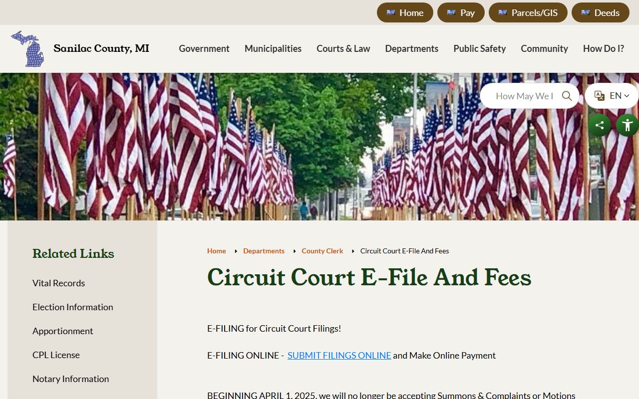 Sanilac County Clerk of Court circuit court e-filing and fees page