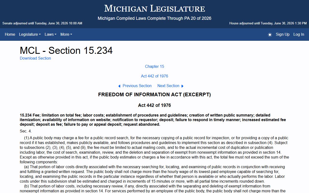 Sanilac County Clerk of Court records fees and Michigan FOIA fee statute