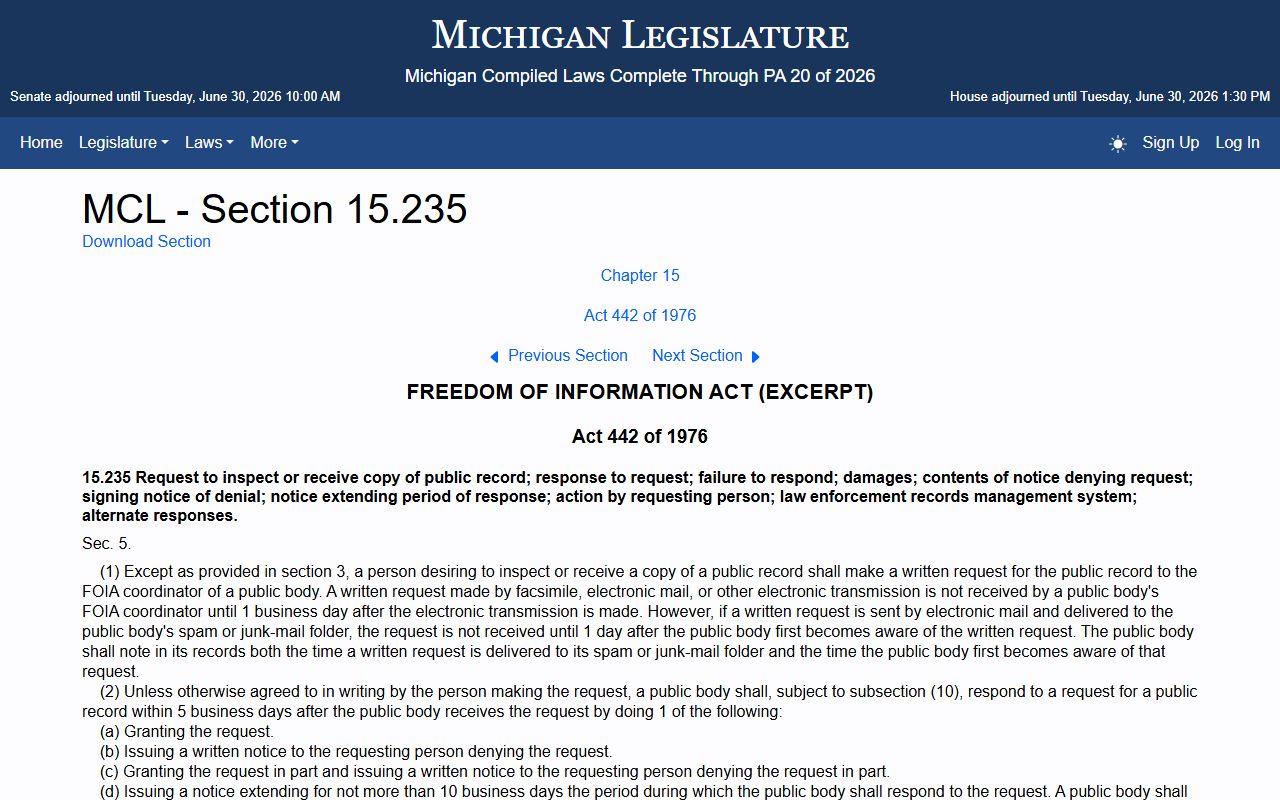 Sanilac County Clerk of Court and Michigan FOIA response statute for records