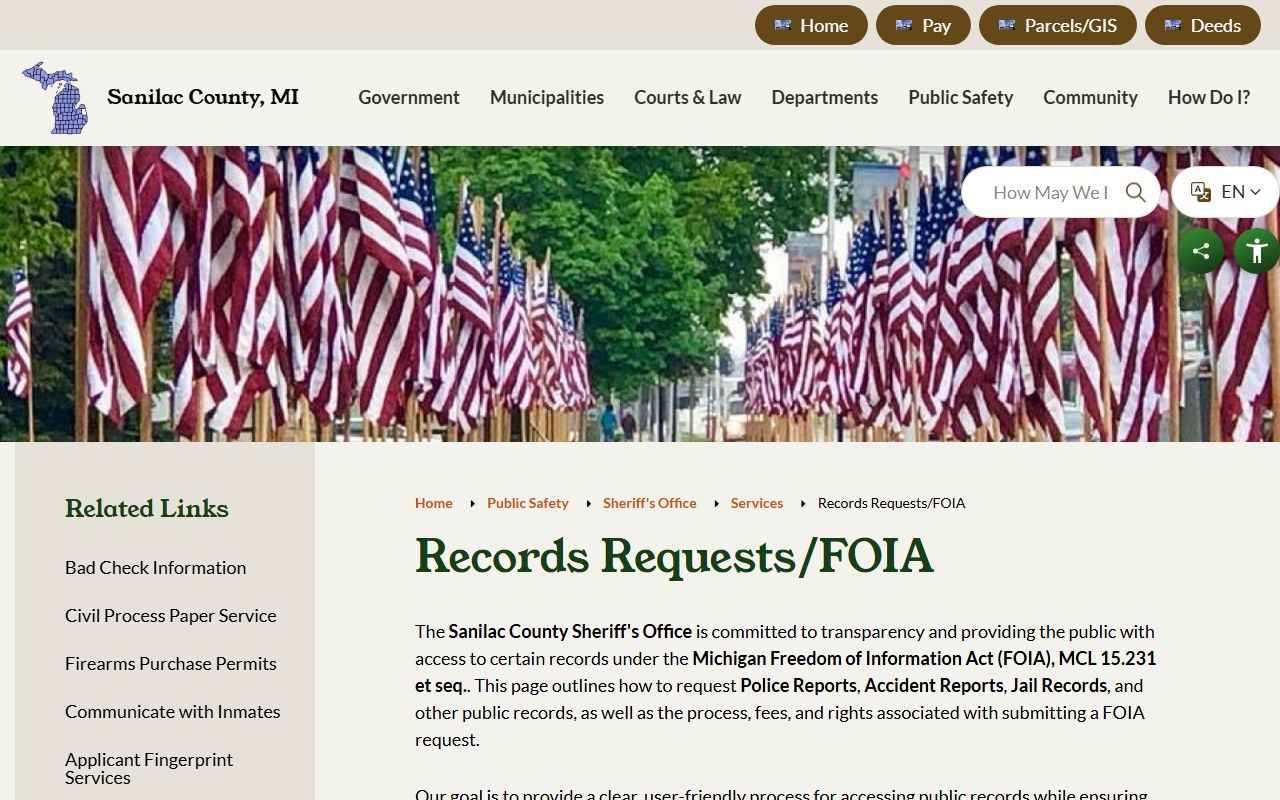 Sanilac County arrest records FOIA request page