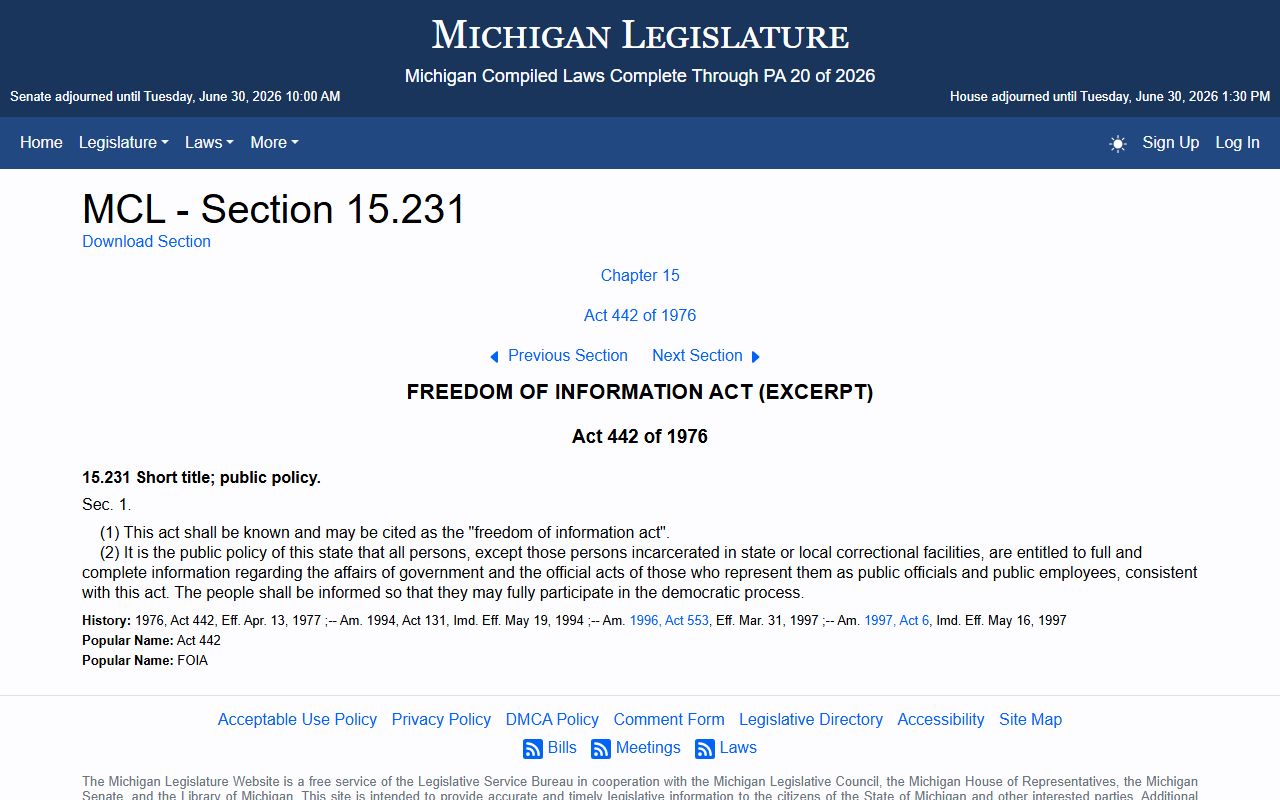 Sanilac County court records Michigan FOIA statute MCL 15.231 page