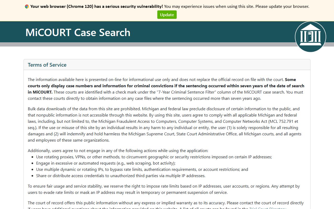 Sanilac County court records statewide MiCOURT case search page