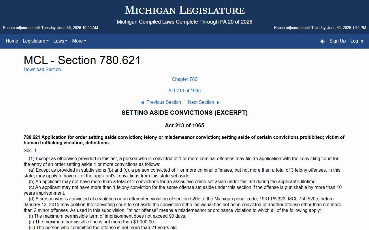 Sanilac County criminal court records Michigan set-aside statute