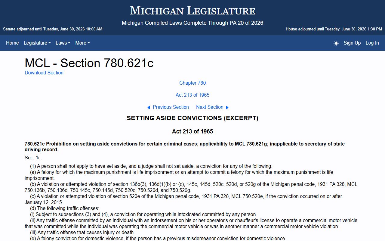 Sanilac County criminal court records Michigan traffic set-aside statute
