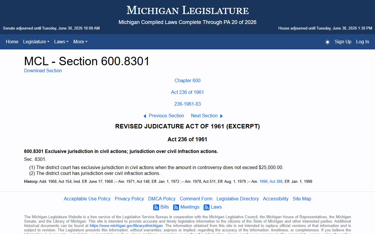 Sanilac County District Court civil jurisdiction statute reference