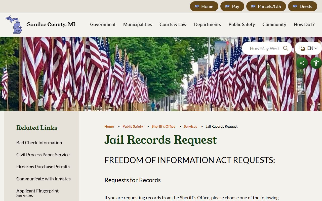 Sanilac County inmate jail records request booking documentation page
