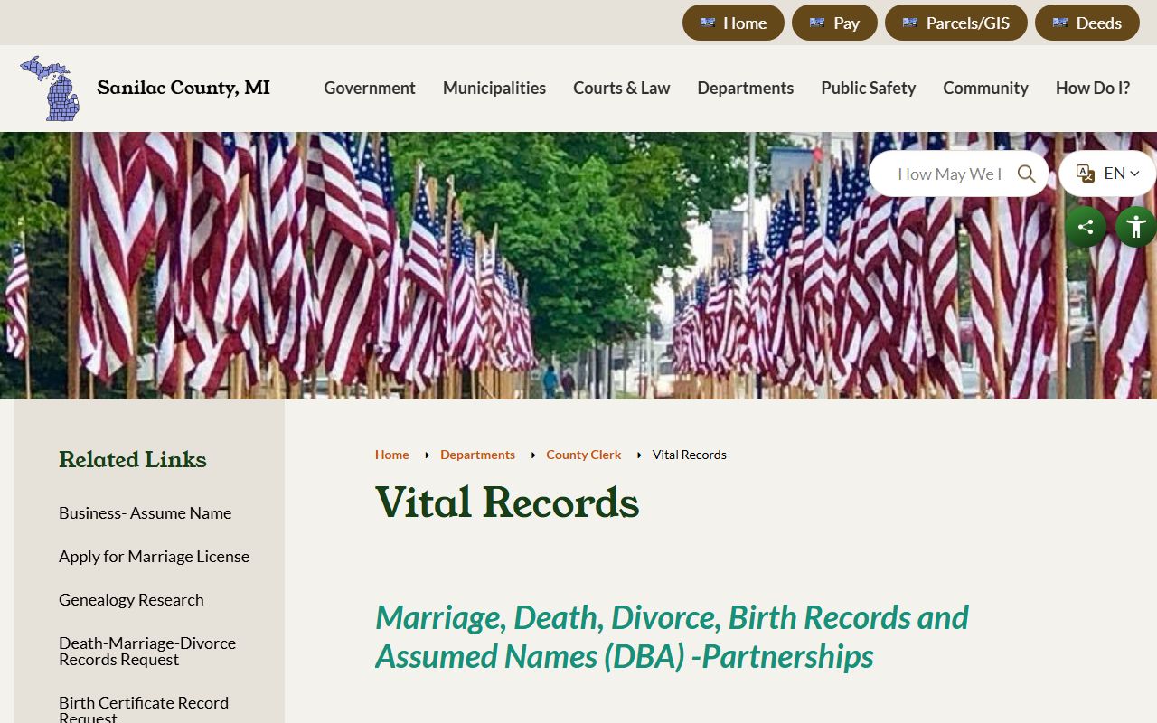 Sanilac County marriage records vital records request page