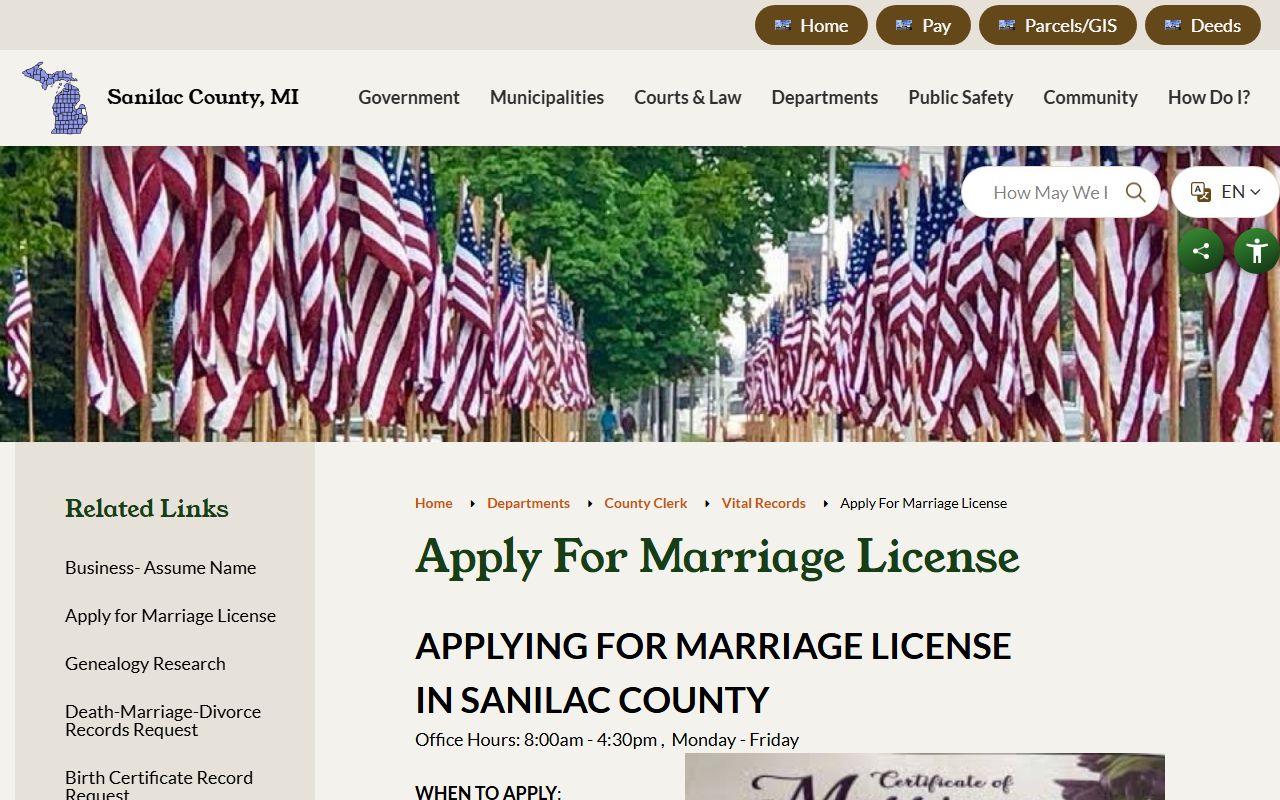 Sanilac County marriage records license information page