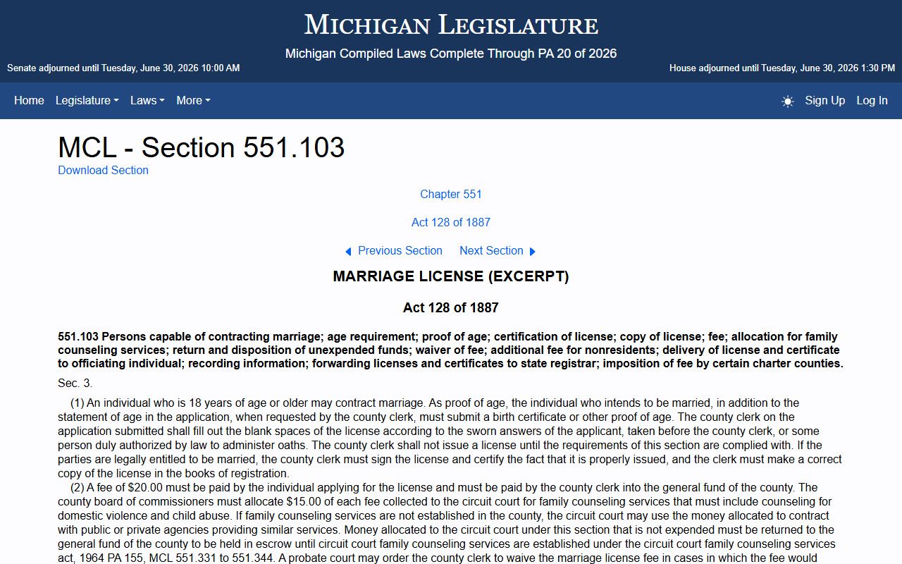 Sanilac County marriage records Michigan marriage license statute