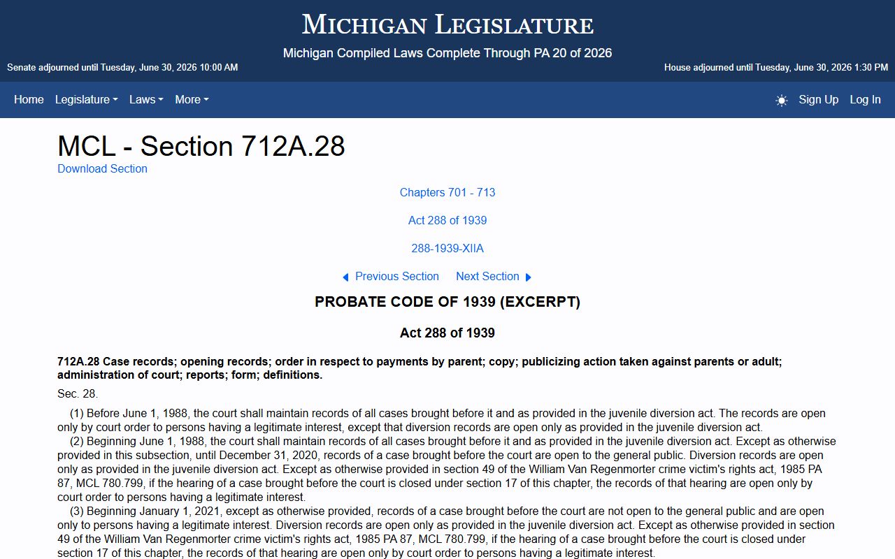 Sanilac County probate records juvenile court confidentiality statute