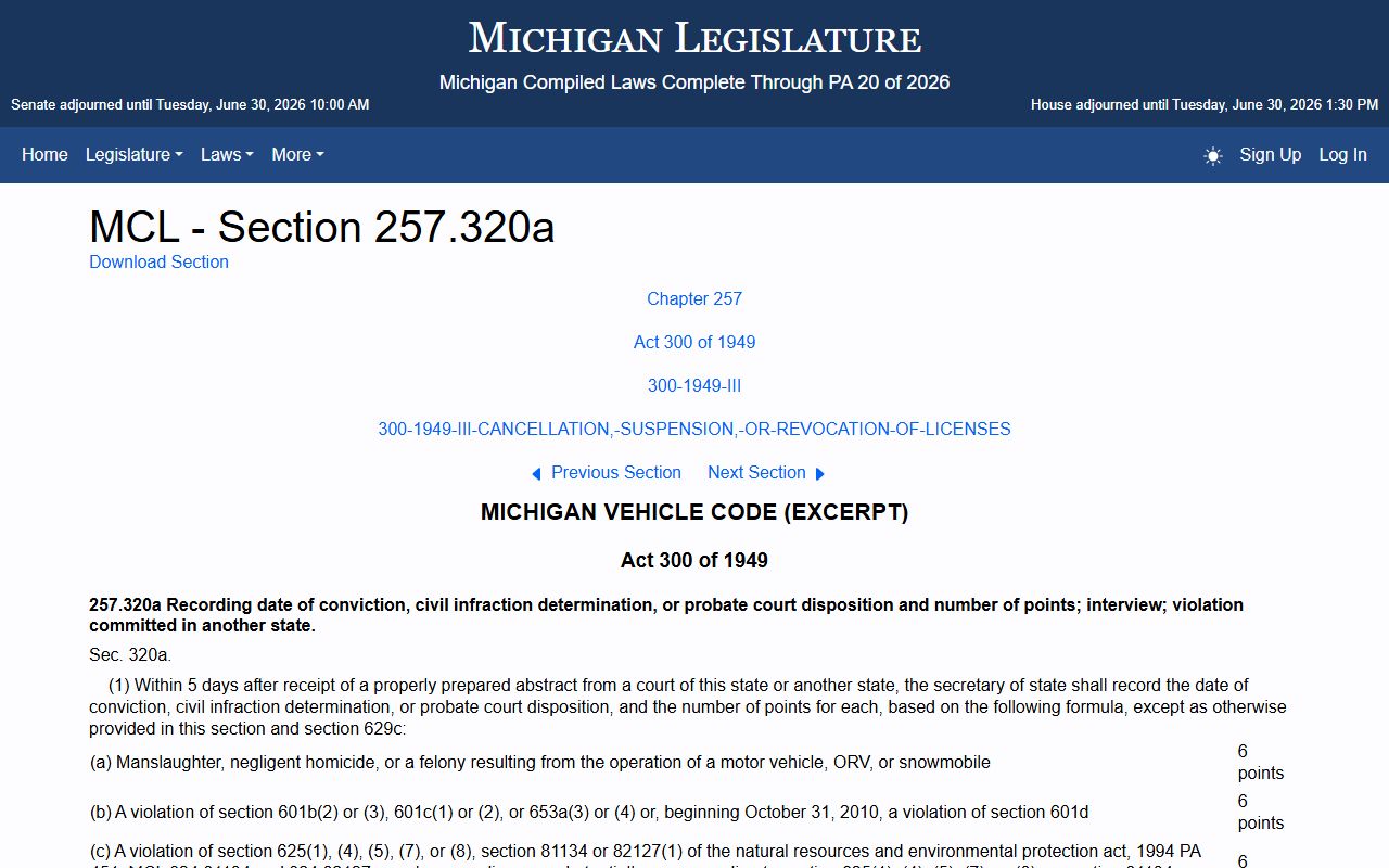 Sanilac County traffic court records Michigan driver point statute MCL 257.320a page