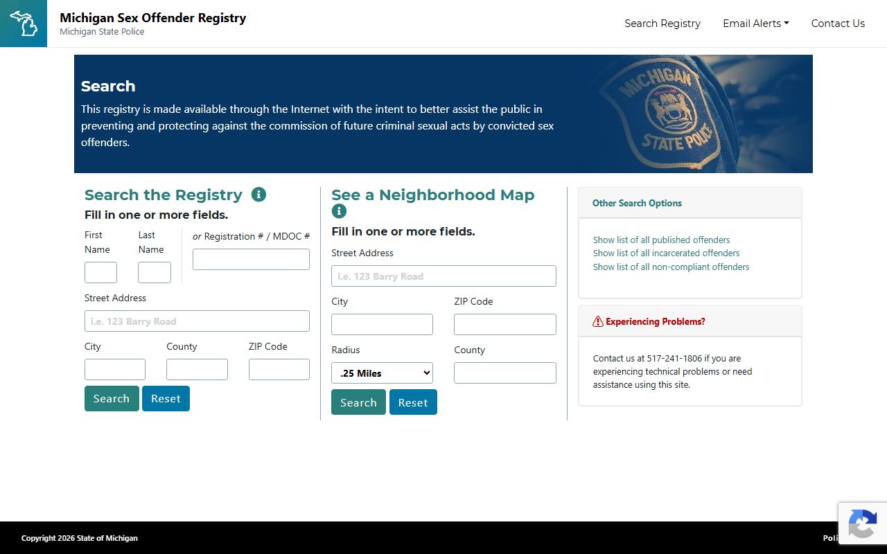 Sanilac County warrant Michigan Sex Offender Registry public search page