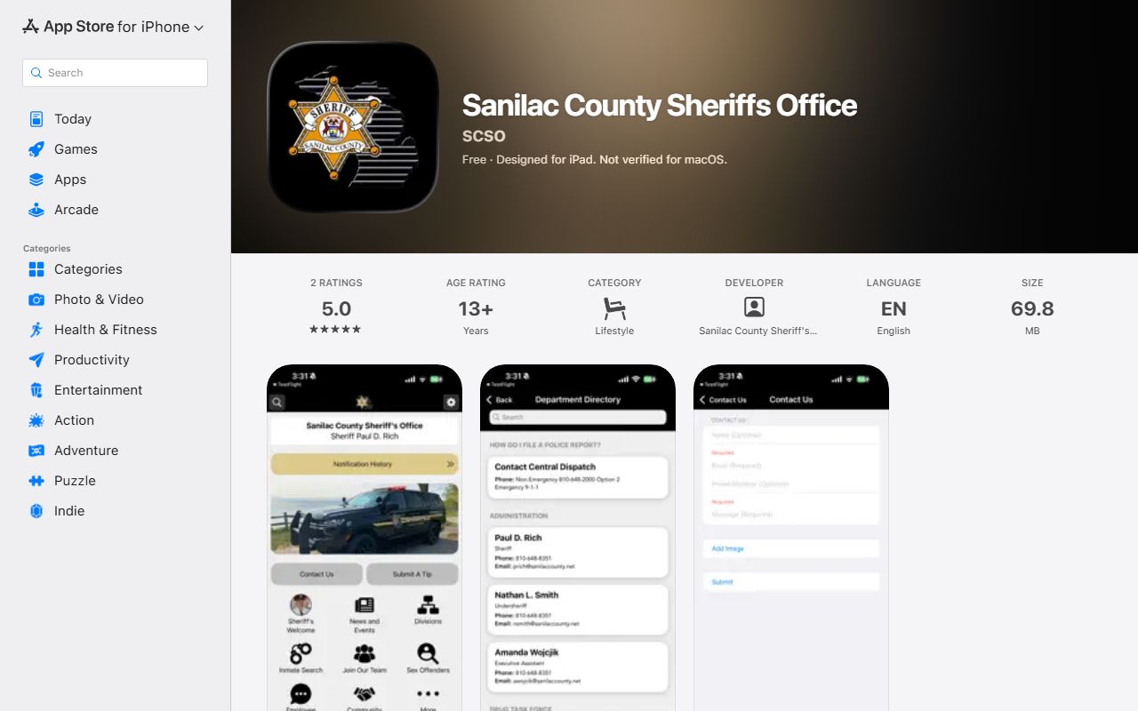 Sanilac County warrant sheriff mobile app Apple App Store listing